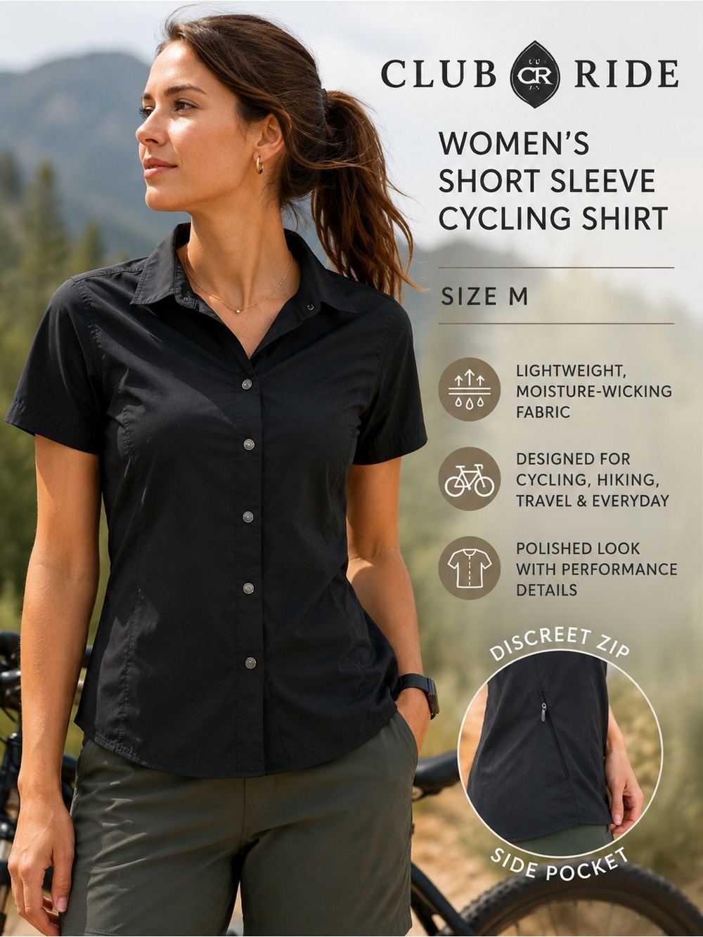 Club Ride Women’s Black Short Sleeve Cycling Shirt Button Front Size M